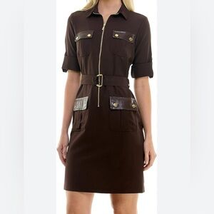 Sharagano women's brown belted cuffed sleeve dress size 4